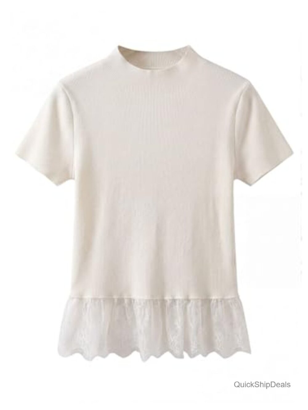 Short Sleeve Mock Neck Lace Trim Sweater Blouse